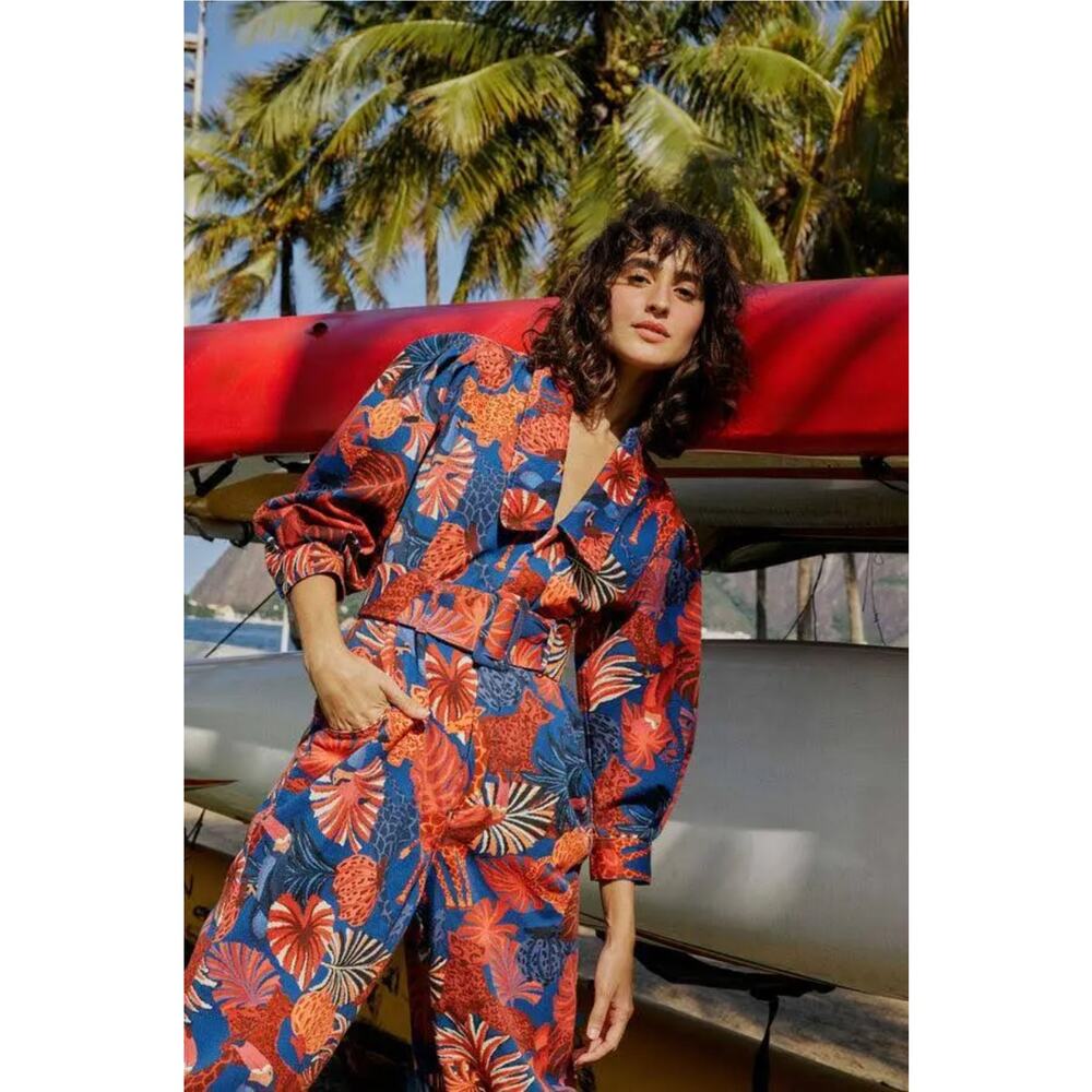 Farm Rio Navy Red Animals Tapestry Canvas Belted Jumpsuit Size Medium - Picture 3 of 16